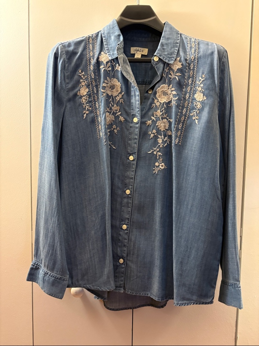 Style & Co. Blue Denim Button-Down Shirt with Cream Floral Embroidery